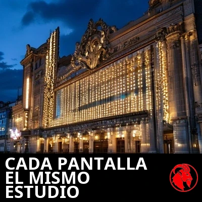 Una vieja marquesina de cine al atardecer con filas de paneles iluminados idénticos y en blanco. Rótulo: Cada pantalla, el mismo estudio