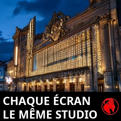 Une vieille enseigne de cin&eacute;ma au cr&eacute;puscule avec des rang&eacute;es de panneaux lumineux identiques et vides. L&eacute;gende&nbsp;: chaque &eacute;cran, le m&ecirc;me studio