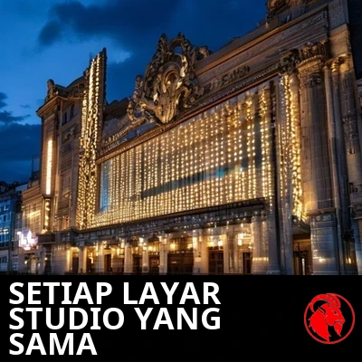 Sebuah marquee bioskop tua saat senja dengan deretan panel kosong yang menyala identik. Keterangan: Setiap layar, studio yang sama