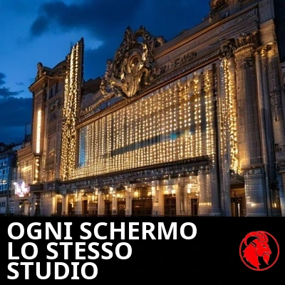 Una vecchia insegna di un cinema al tramonto con file di pannelli illuminati identici e vuoti. Didascalia: Ogni schermo, lo stesso studio