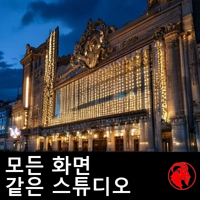 해질 녘 낡은 극장 차양에 똑같은 빈 패널들이 줄지어 불을 밝히고 있다. 캡션: 어느 스크린이든, 같은 영화사