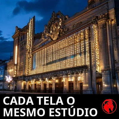 Um letreiro de cinema antigo ao entardecer com fileiras de painéis iluminados idênticos e em branco. Legenda: Toda tela, o mesmo estúdio