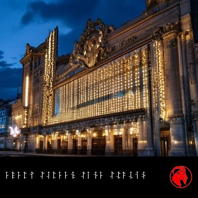 A vintage cinema marquee at dusk with rows of identical blank illuminated panels. Caption: Every screen, same studio