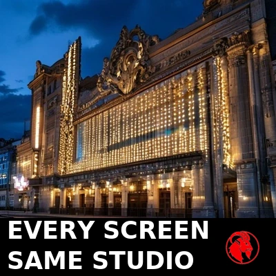 A vintage cinema marquee at dusk with rows of identical blank illuminated panels. Caption: Every screen, same studio