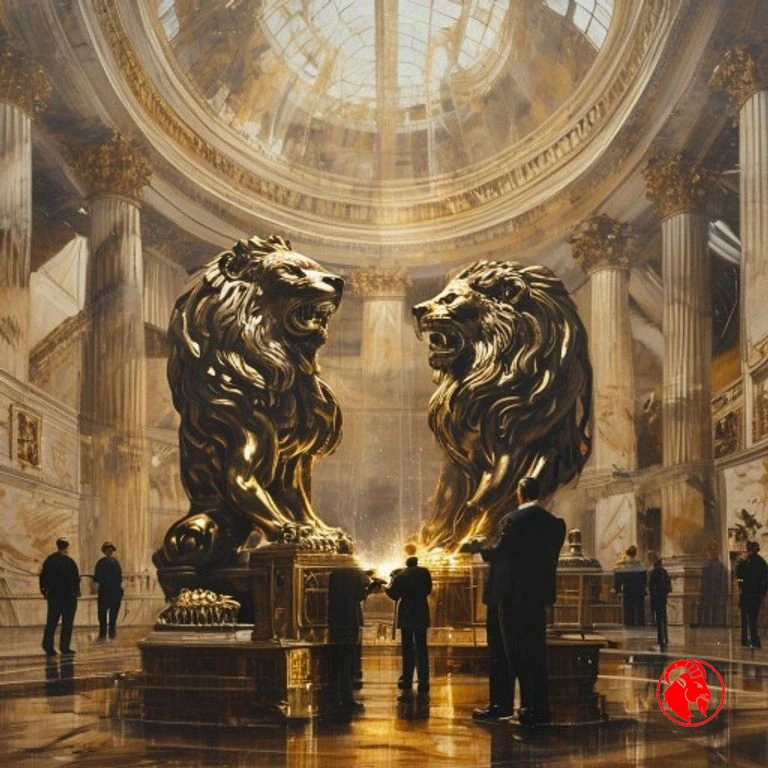 Two bronze corporate lions being welded into one under a marble rotunda