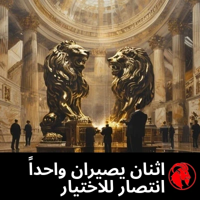 تمثالان متطابقان لأسدين برونزيين من رموز الشركات يُلحَمان معاً تحت قبة رخامية على يد عمّال بالبدلات. التعليق: استوديوهان يصيران واحداً، انتصار للمنافسة