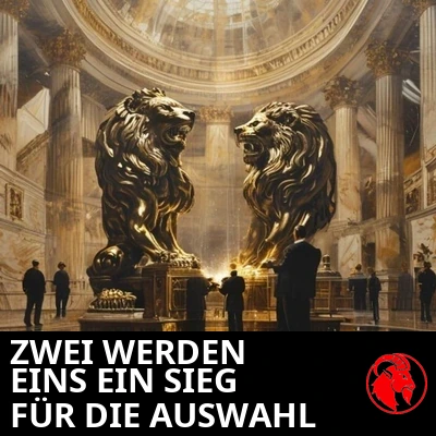 Zwei identische bronzene Konzernlöwen-Statuen werden unter einer Marmorrotunde von Arbeitern im Anzug zusammengeschweißt. Bildunterschrift: Zwei Studios werden eins, ein Triumph des Wettbewerbs