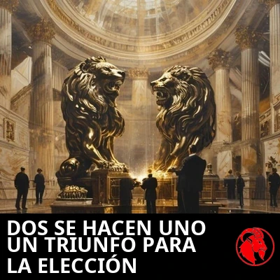 Dos estatuas idénticas de leones corporativos de bronce siendo soldadas entre sí bajo una rotonda de mármol por trabajadores de traje. Rótulo: Dos estudios se hacen uno, un triunfo para la competencia