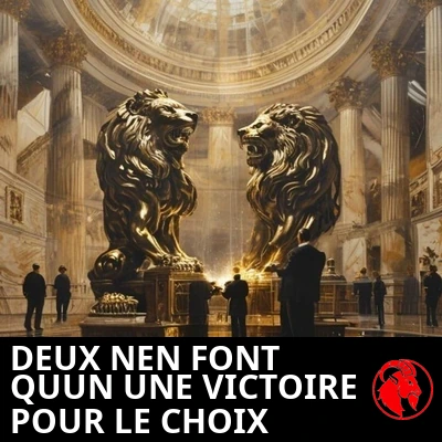 Deux statues de lions d&rsquo;entreprise en bronze identiques soud&eacute;es ensemble sous une rotonde de marbre par des ouvriers en costume. L&eacute;gende&nbsp;: deux studios n&rsquo;en font qu&rsquo;un, une victoire pour la concurrence