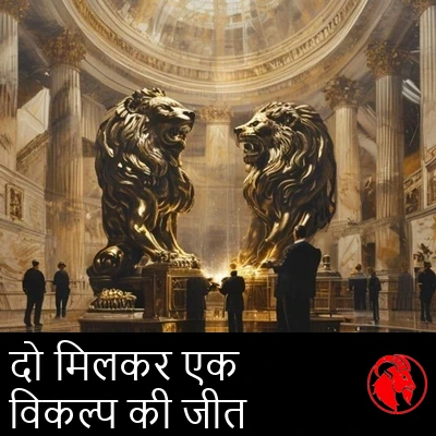 संगमरमर के गुंबद के नीचे सूट पहने मज़दूर दो एक जैसी कांस्य कॉर्पोरेट शेर प्रतिमाओं को आपस में वेल्ड करते हुए। कैप्शन: दो स्टूडियो एक हुए, प्रतिस्पर्धा की जीत