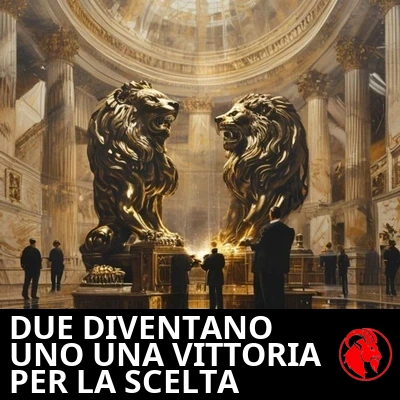 Due statue di leoni aziendali in bronzo identiche vengono saldate insieme sotto una rotonda di marmo da operai in giacca e cravatta. Didascalia: Due studi diventano uno, un trionfo della concorrenza