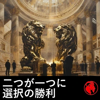 大理石の円形ホールの下で、スーツ姿の作業員が二体のそっくりな青銅製の企業ライオン像を溶接で一体化させている。キャプション：二つのスタジオが一つに、競争の勝利