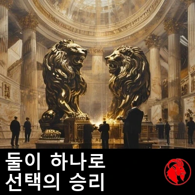 대리석 원형 홀 아래에서 정장 차림의 노동자들이 똑같이 생긴 두 청동 기업 사자상을 용접해 하나로 붙이고 있다. 캡션: 두 영화사가 하나로, 경쟁의 승리