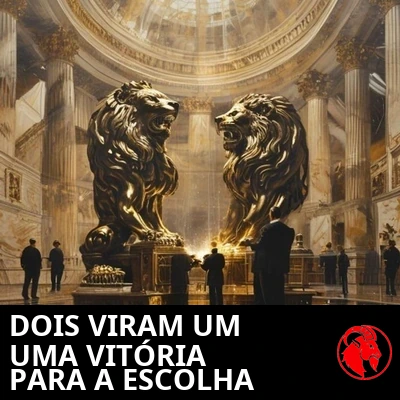 Duas estátuas idênticas de leões corporativos de bronze sendo soldadas uma à outra sob uma rotunda de mármore por trabalhadores de terno. Legenda: Dois estúdios viram um, uma vitória para a concorrência