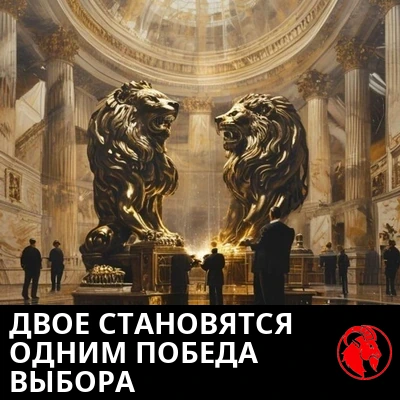 Две одинаковые бронзовые статуи корпоративных львов сваривают вместе под мраморной ротондой рабочие в костюмах. Подпись: две студии становятся одной, триумф конкуренции