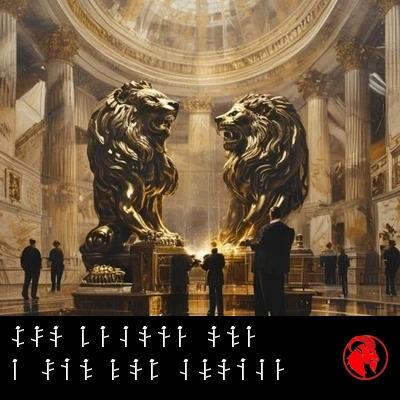 Two identical bronze corporate lion statues being welded together under a marble rotunda by workers in suits. Caption: Two studios become one, a win for competition
