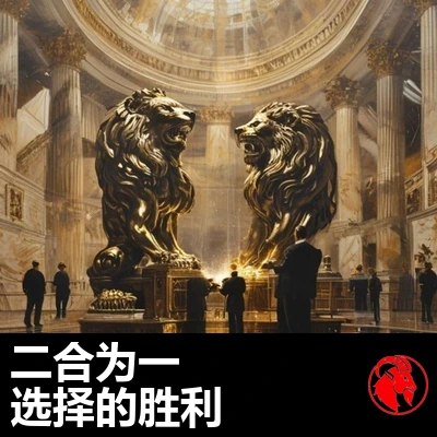 两尊一模一样的青铜企业雄狮雕像，在大理石圆厅下被西装工人焊接在一起。字幕：两家电影公司合二为一，竞争的胜利