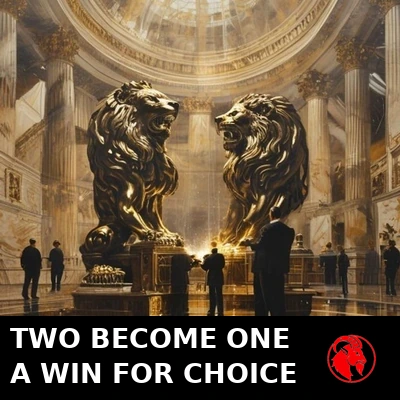Two identical bronze corporate lion statues being welded together under a marble rotunda by workers in suits. Caption: Two studios become one, a win for competition