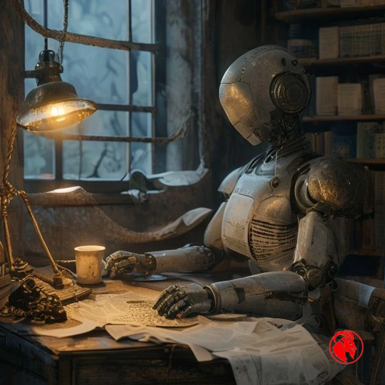 A melancholy grey android at the editor's desk, an empty hammock through the window