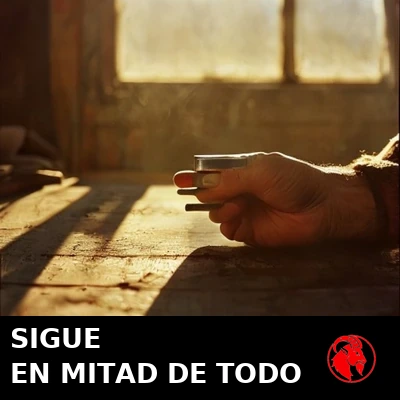 Una mano curtida sosteniendo un solo perno sobre un banco de trabajo desordenado, bajo una luz dorada. Rótulo: Sigue justo en mitad del asunto