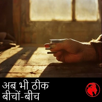 सुनहरी रोशनी में, बिखरी हुई वर्कबेंच के ऊपर एक खुरदरा हाथ एक अकेला बोल्ट थामे हुए। कैप्शन: वह अब भी बिलकुल बीच काम में है