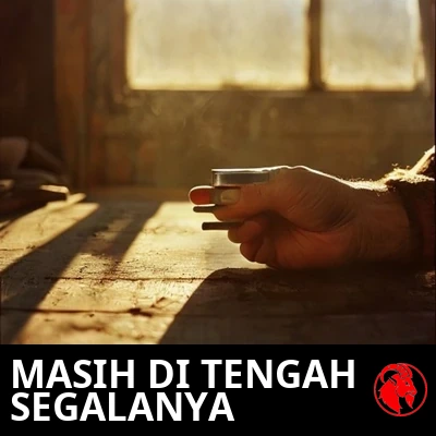 Sebuah tangan kasar menggenggam satu baut di atas meja kerja yang berantakan, di bawah cahaya keemasan. Keterangan: Ia masih tepat di tengah urusan