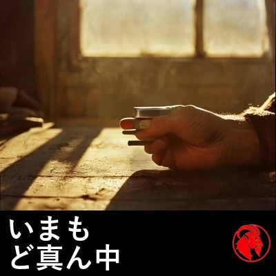 金色の光の下、散らかった作業台の上で一本のボルトを握る、風雨にさらされた手。キャプション：彼はまだ、まさにことの真っ最中だ