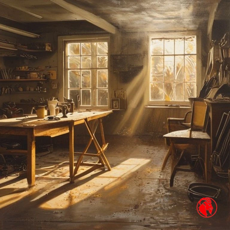 A warm golden-hour garage with a cluttered workbench and an empty chair facing nothing