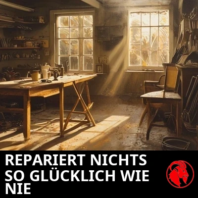 Warmes Garageninnere zur goldenen Stunde, mit einer unordentlichen Werkbank und einem leeren Stuhl, der ins Nichts blickt. Bildunterschrift: Er repariert nichts und war nie glücklicher