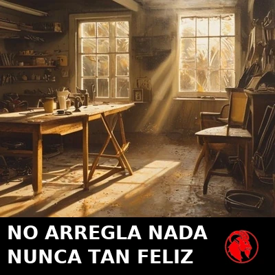Interior cálido de un garaje a la hora dorada, con un banco de trabajo desordenado y una silla vacía mirando hacia la nada. Rótulo: No está arreglando nada, y nunca ha sido tan feliz