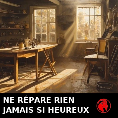 Un int&eacute;rieur de garage baign&eacute; de lumi&egrave;re dor&eacute;e, un &eacute;tabli encombr&eacute; et une chaise vide face &agrave; rien. L&eacute;gende&nbsp;: il ne r&eacute;pare rien, et il n&rsquo;a jamais &eacute;t&eacute; aussi heureux