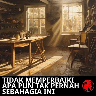 Interior garasi yang hangat saat jam keemasan, dengan meja kerja berantakan dan sebuah kursi kosong yang menatap kehampaan. Keterangan: Ia tak sedang memperbaiki apa pun, dan tak pernah sebahagia ini
