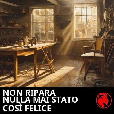 Interno caldo di un garage nell'ora dorata, con un banco da lavoro in disordine e una sedia vuota che fissa il nulla. Didascalia: Non sta riparando nulla, e non è mai stato così felice