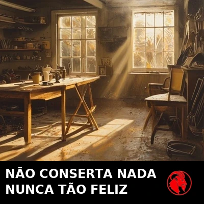 Interior de garagem em luz dourada de fim de tarde, bancada bagunçada e uma cadeira vazia voltada para o nada. Legenda: Ele não está consertando nada, e nunca esteve tão feliz