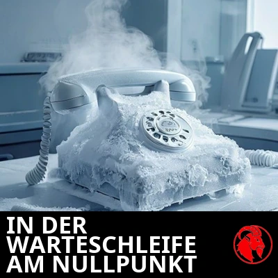 Ein mit Frost überzogenes Telefonheadset auf dem verlassenen Schreibtisch eines Callcenters. Bildunterschrift: In der Warteschleife beim absoluten Nullpunkt