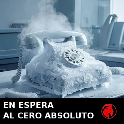 Una diadema telefónica cubierta de escarcha sobre el escritorio abandonado de un centro de llamadas. Rótulo: En espera al cero absoluto