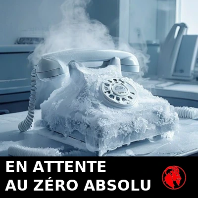 Un casque t&eacute;l&eacute;phonique couvert de givre sur un bureau de centre d&rsquo;appels abandonn&eacute;. L&eacute;gende&nbsp;: en attente au z&eacute;ro absolu