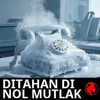 Sebuah headset telepon berselimut embun beku di meja pusat panggilan yang terbengkalai. Keterangan: Menunggu di antrean pada nol mutlak