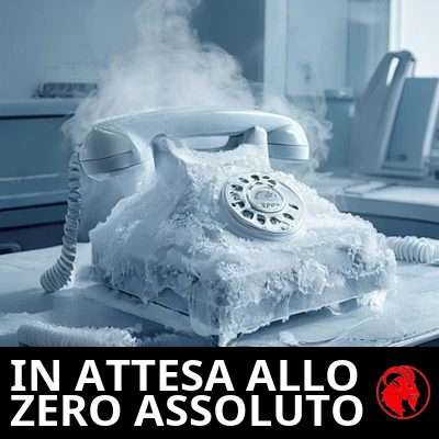 Una cuffia telefonica coperta di brina sulla scrivania abbandonata di un call center. Didascalia: In attesa allo zero assoluto