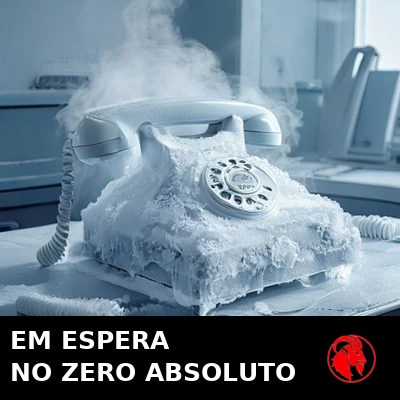 Um fone de ouvido de telefone coberto de gelo sobre a mesa abandonada de um call center. Legenda: Na espera, a zero absoluto