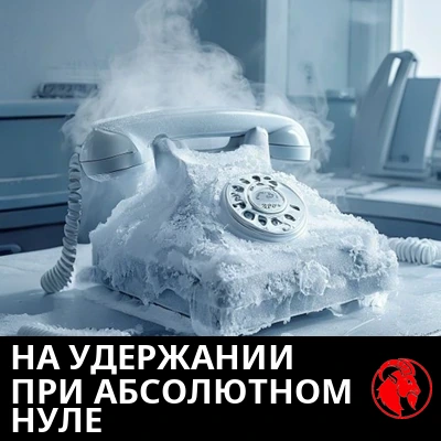 Покрытая инеем телефонная гарнитура на брошенном столе колл-центра. Подпись: В режиме ожидания при абсолютном нуле