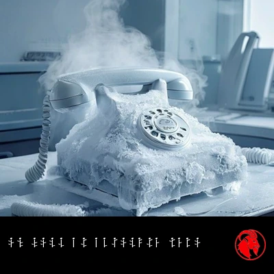 A frost-covered telephone headset on an abandoned call-center desk. Caption: On hold at absolute zero