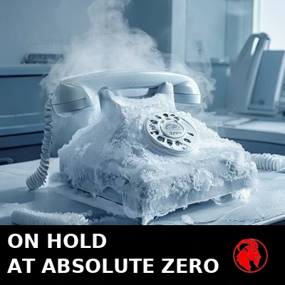 A frost-covered telephone headset on an abandoned call-center desk. Caption: On hold at absolute zero