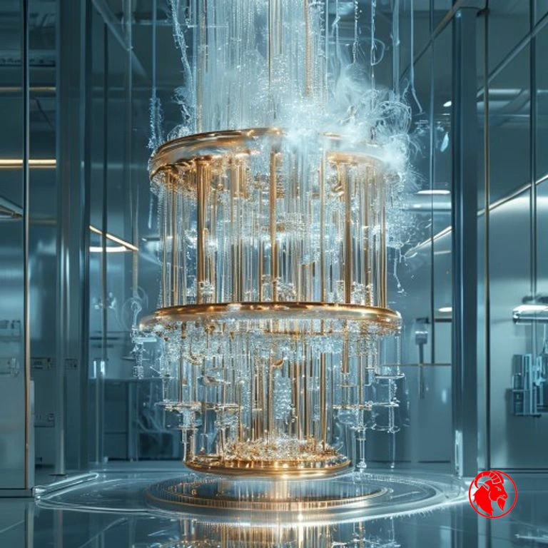 A golden cryogenic quantum computer chandelier wreathed in frost in a sterile lab