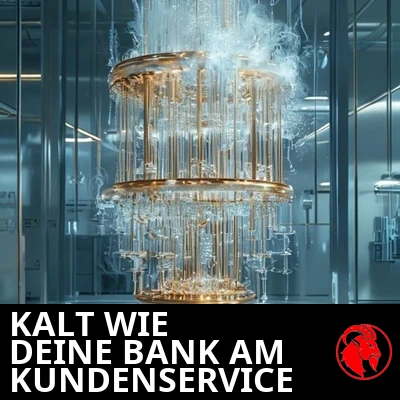 Ein glänzender goldener kryogener Quantenkronleuchter, umhüllt von Frost und Dampf, in einem sterilen Labor. Bildunterschrift: So kalt wie deine Bank im Kundendienst