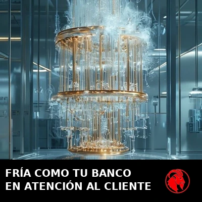 Una reluciente araña cuántica criogénica dorada envuelta en escarcha y vapor en un laboratorio estéril. Rótulo: Tan frío como tu banco en atención al cliente