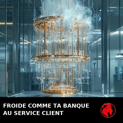 Un lustre cryog&eacute;nique dor&eacute; d&rsquo;ordinateur quantique &eacute;tincelant, envelopp&eacute; de givre et de vapeur dans un laboratoire st&eacute;rile. L&eacute;gende&nbsp;: aussi froid que votre banque au service client