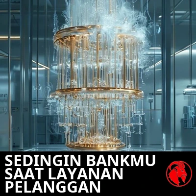 Sebuah lampu gantung kuantum kriogenik emas berkilau yang terbungkus embun beku dan uap di sebuah laboratorium steril. Keterangan: Sedingin bank Anda di bagian layanan pelanggan