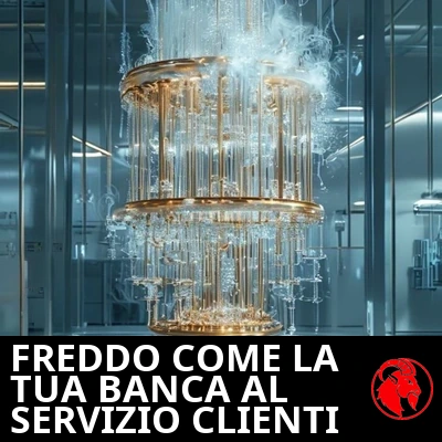 Un lampadario quantistico criogenico dorato e scintillante avvolto da brina e vapore in un laboratorio sterile. Didascalia: Freddo come la tua banca all'assistenza clienti