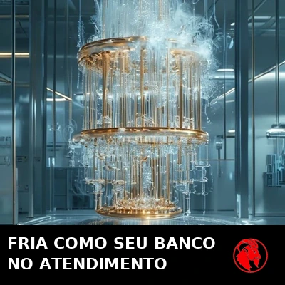 Um reluzente lustre dourado de computador quântico criogênico coberto de gelo e vapor num laboratório estéril. Legenda: Tão frio quanto seu banco no atendimento ao cliente